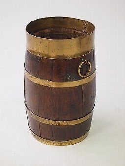 Antique Antique Stick Stand - Small Coopered Oak Brass Barell Umbrella Bin Log Bucket
