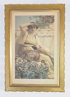 Large Antique Framed Print John William Godward -Gilt Frame Vintage Painting Art