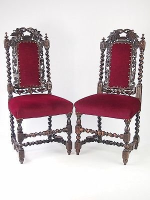 Antique Pair Antique Victorian Gothic Oak Hall Chairs - Side Desk Dining Kitchen Chairs