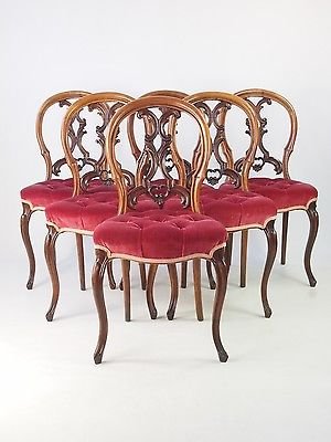 Antique Set 6 Antique Victorian Walnut Balloon Back Chairs -Hall Side Dining Salon Chair