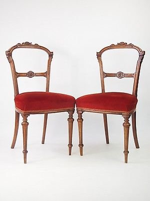 Antique Pair Antique Victorian Walnut Balloon Back Chairs - Hall Dining Side Desk Chair