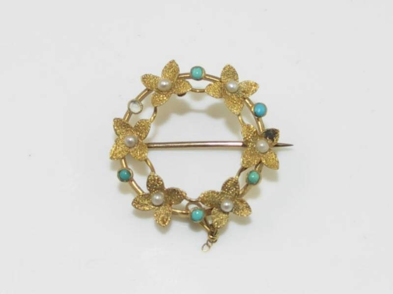 15ct Gold Turquoise And Pearl Brooch