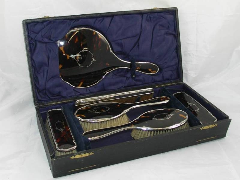Cased Tortoise Shell And Silver Vanity  Set