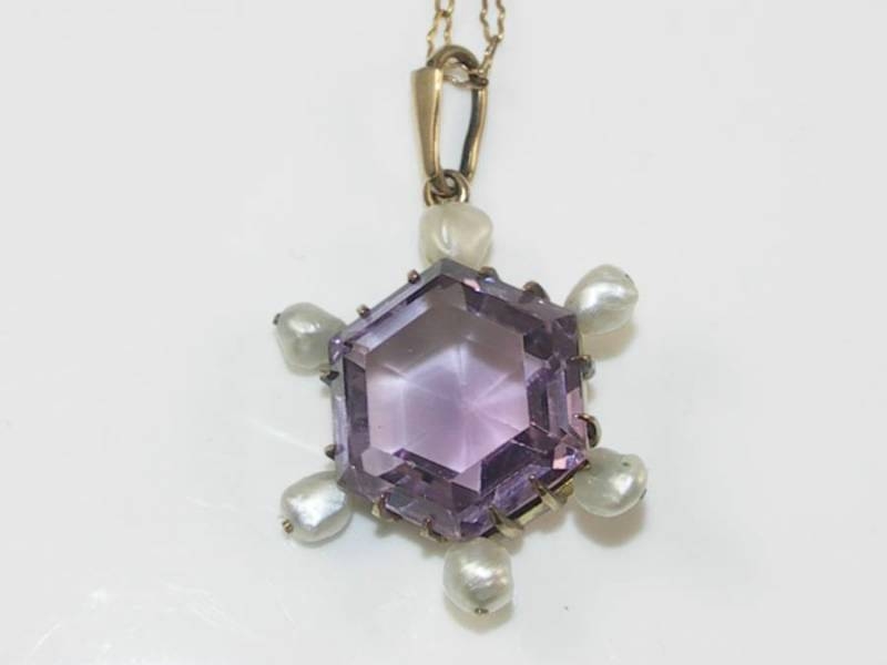 Edwardian 9ct Gold  Amethyst And Pearl Pendant