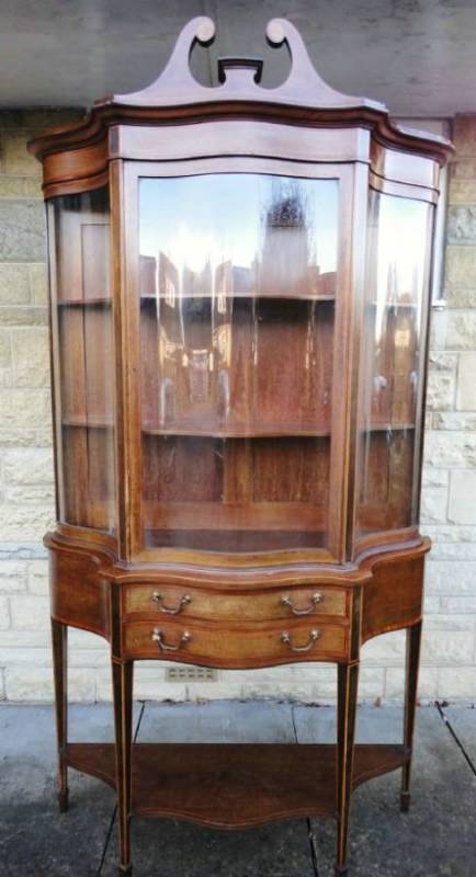 EDWARDIAN INLAID MAHOGANY SERPENTINE FRONTED DISPLAY CABINET ON STAND