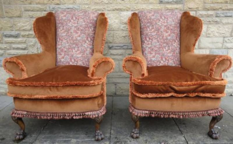 PAIR GEORGE I STYLE WALNUT WING ARMCHAIRS CIRCA 1920