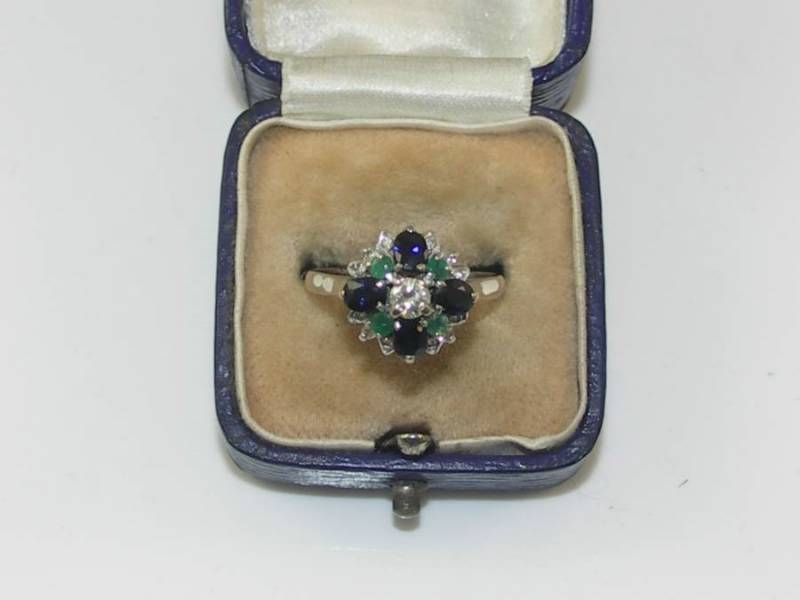 18ct White Gold Diamond Sapphire And Emerald Ring
