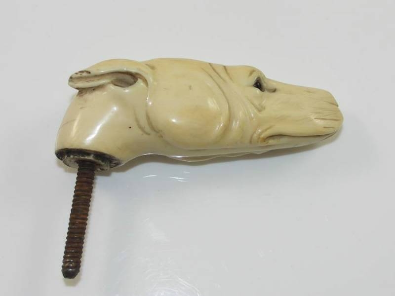 Early 20th Century Carved Ivory Walking Stick Handle In The Form Of A Greyhounds Head