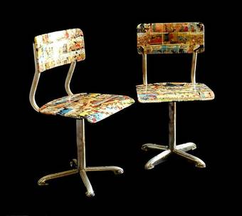 Antique 1950s Pair Mid Century Child Chairs Bentwood Comic Collage Decor Cowboys