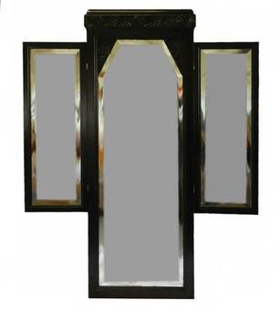 Antique French Art Deco Ebonised Triple Mirror Dressing Wall Floor Mirror Folding style of Sue et Mare