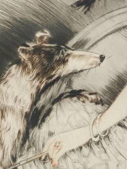 Antique Signed French Etching Elegant Woman with Dog c1920 Art Deco