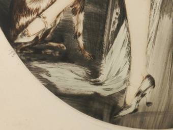 Antique Signed French Etching Elegant Woman with Dog c1920 Art Deco