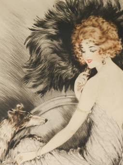Antique Signed French Etching Elegant Woman with Dog c1920 Art Deco