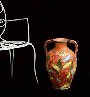 Antique French Terracotta Pot Mid Century Floral Hand Painted Vase