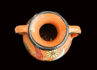 Antique French Terracotta Pot Mid Century Floral Hand Painted Vase