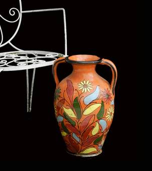 Antique French Terracotta Pot Mid Century Floral Hand Painted Vase