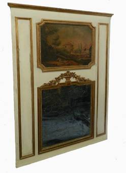 Antique 19th Century French Trumeau Mirror  Painting Giltwood overmantle overmantel