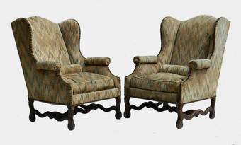 Antique Pair French Wing Chairs Os de Mouton Armchairs