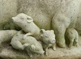 Antique Pig  Piglets Vintage Garden Statue composite 
