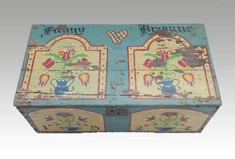 Antique Decorative C19 Pine Box Coffer Bout de Lit Trunk painted 