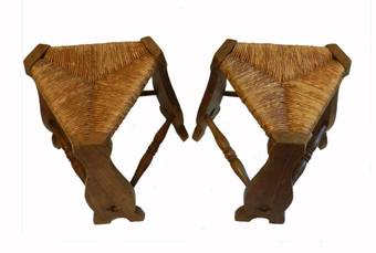 Antique Pair Arts  Crafts Stools Rush Seat Country House Gothic revival 