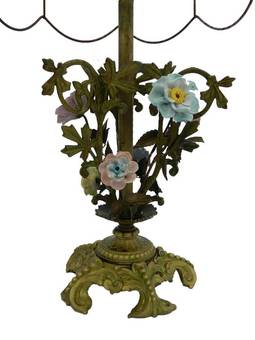 Antique French Table Lamp Floral Porcelain  Brass