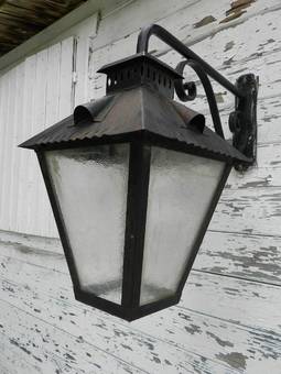 Antique Large Pair of Exterior Wall Lights Wrought Iron  Glass Lanterns