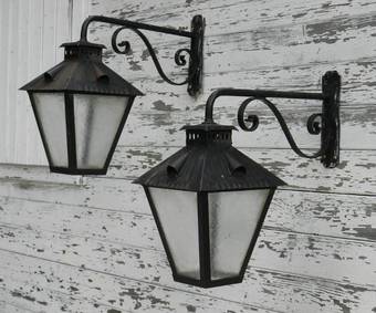 Antique Large Pair of Exterior Wall Lights Wrought Iron  Glass Lanterns