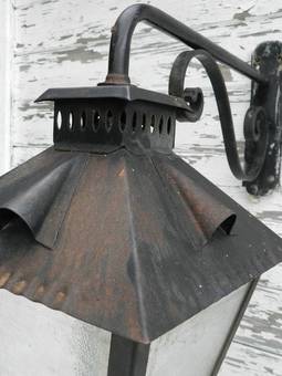 Antique Large Pair of Exterior Wall Lights Wrought Iron  Glass Lanterns