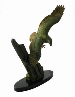 Antique Art Deco Eagle in Flight by Rulas Signed Sculpture Statue on Marble Base Animalia