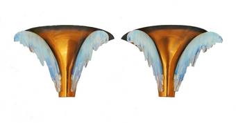 Antique Pair of French Art Deco Wall Sconces by Ezan Opalescent Glass and Copper