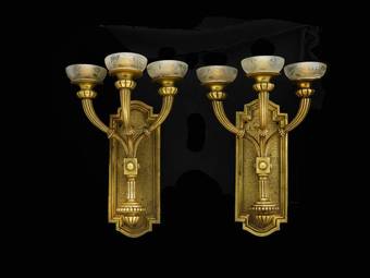 Antique Pair Art Deco Wall Light Sconces Heavy Bronze