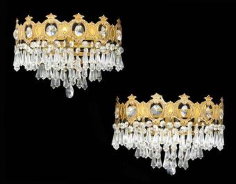Antique Pair of Wall Lights ThreeTiered Half Crown Sconces