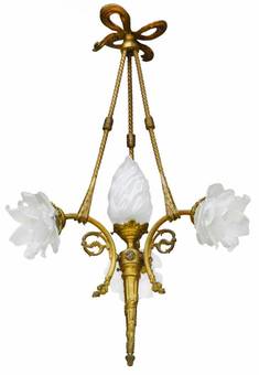 Antique Art Nouveau Chandelier Flame and Floral Glass Belle Epoque