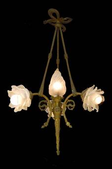 Antique Art Nouveau Chandelier Flame and Floral Glass Belle Epoque