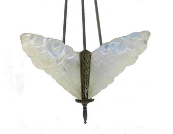 Antique Art Deco Chandelier Signed by Degue French Glass Pendant Light circa 1930
