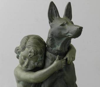 Antique Art Deco Sculpture Girl With German Shepherd Dog Armand Godard 