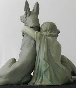 Antique Art Deco Sculpture Girl With German Shepherd Dog Armand Godard 