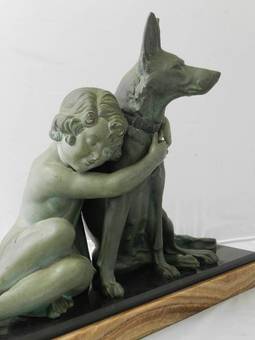 Antique Art Deco Sculpture Girl With German Shepherd Dog Armand Godard 