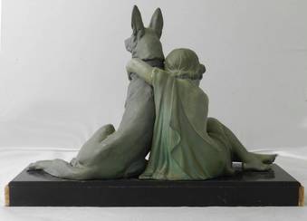 Antique Art Deco Sculpture Girl With German Shepherd Dog Armand Godard 