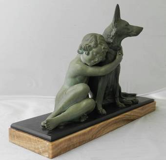 Antique Art Deco Sculpture Girl With German Shepherd Dog Armand Godard 