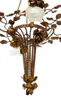 Antique Arts and Crafts Chandelier Gilded Iron Tole Floral Bouquet Frosted Glass Shades