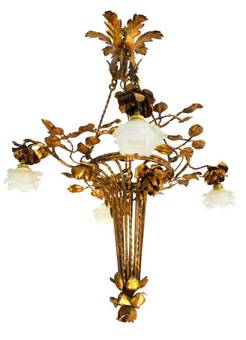 Antique Arts and Crafts Chandelier Gilded Iron Tole Floral Bouquet Frosted Glass Shades