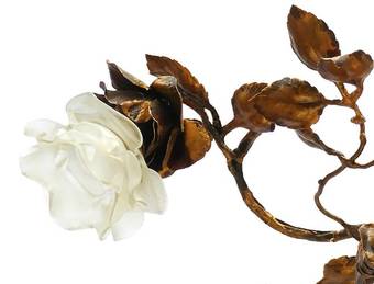 Antique Arts and Crafts Chandelier Gilded Iron Tole Floral Bouquet Frosted Glass Shades