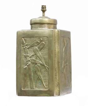 Antique Arts and Crafts Lamp Base Artisan Embossed Pewter Bamboo Chinoiserie Panels 