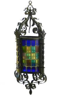 Antique Arts and Crafts Lantern Gothic Revival Wrought Iron Leaded Lights 