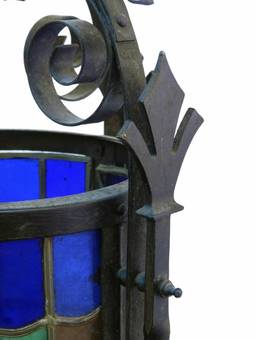 Antique Arts and Crafts Lantern Gothic Revival Wrought Iron Leaded Lights 