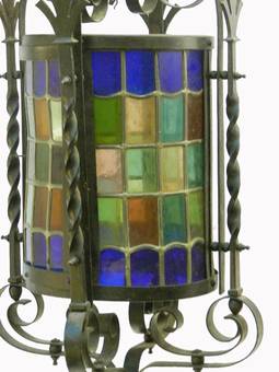 Antique Arts and Crafts Lantern Gothic Revival Wrought Iron Leaded Lights 