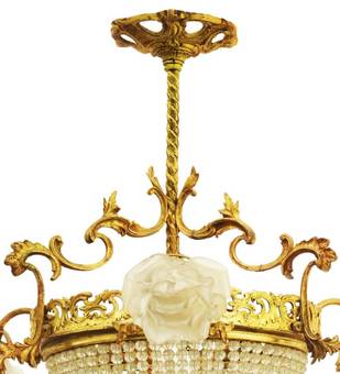 Antique Belle Epoque Chandelier French Crystal Gilt Bronze Rose Shades Late 19th Century