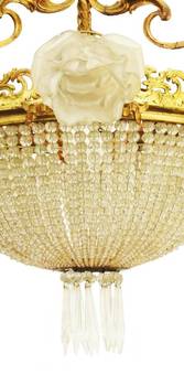 Antique Belle Epoque Chandelier French Crystal Gilt Bronze Rose Shades Late 19th Century
